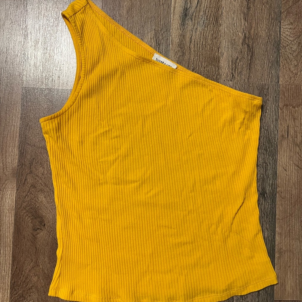 Sugarlips One-Shoulder Ribbed Tank Top in Mustard Yellow
